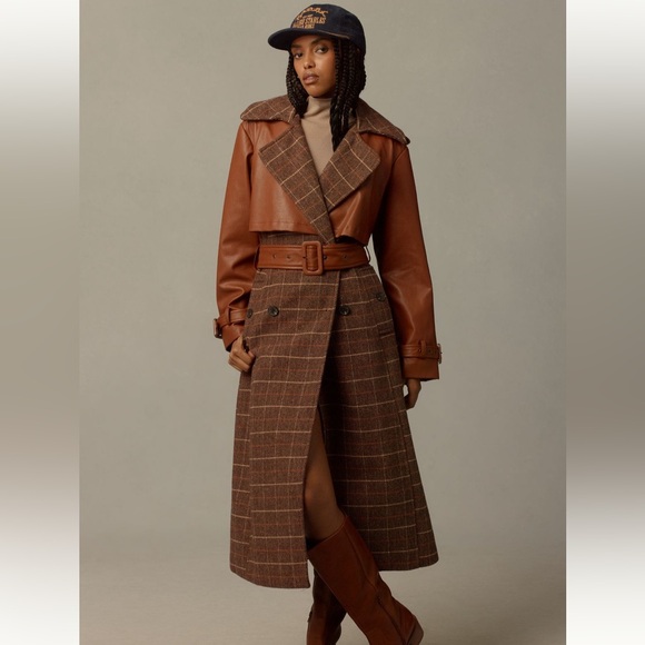 Avec Les Filles Plaid Faux Leather Trench Coat - Picture 1 of 10